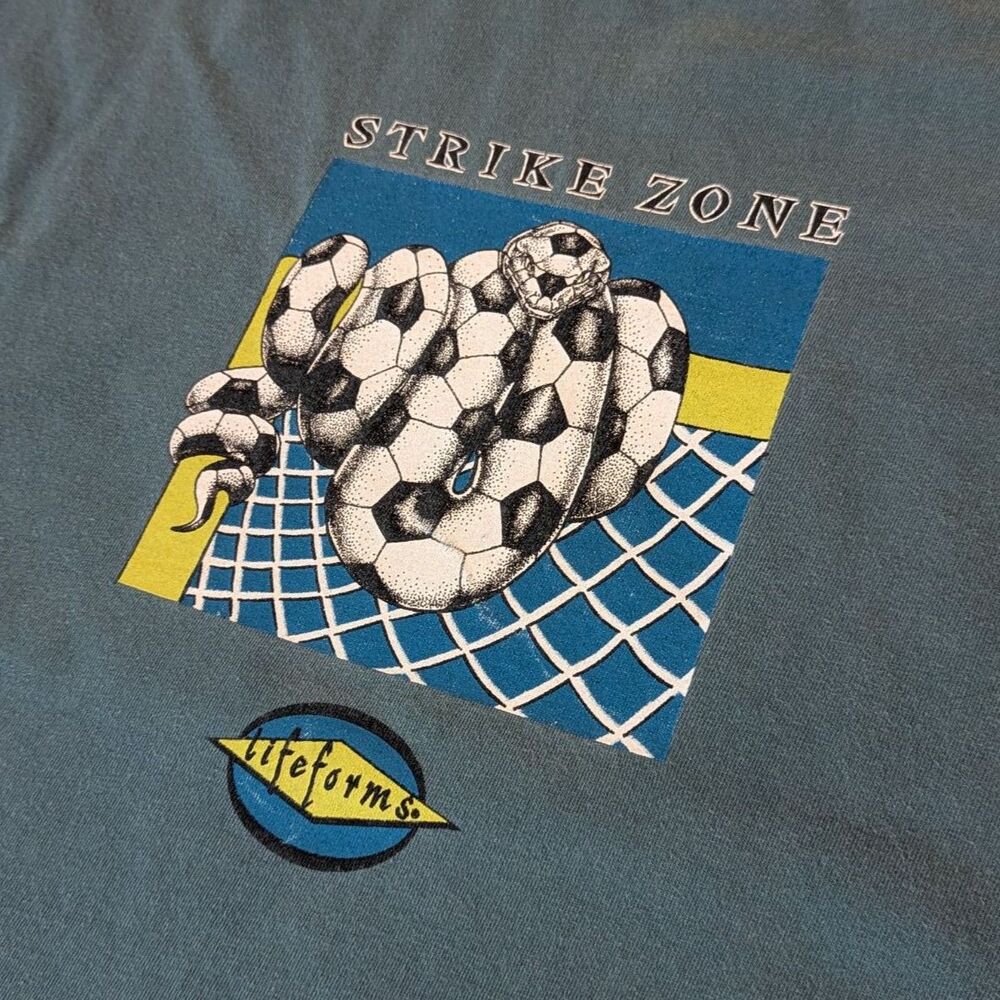 Vintage 90s Faded Teal Soccer Snake Strike Zone Graphic T-Shirt Made in USA - Picture 4 of 6